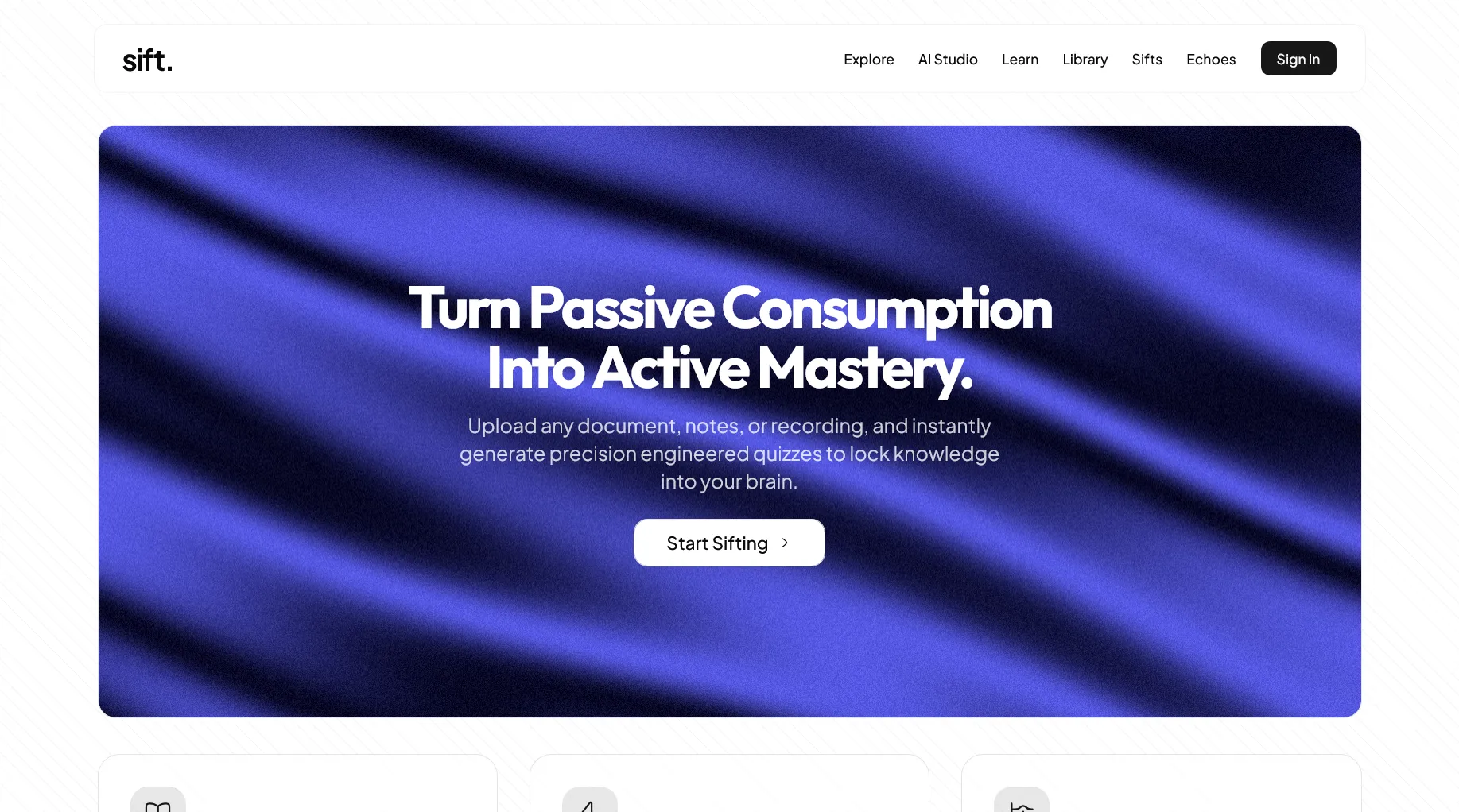 Sift, Active recall engine for quizzes, flashcards, and learning paths.